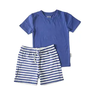 Little Label Pyjama Jongens Maat 146-152 - Blauw, Grijs - Zachte Bio Katoen - Shortama - 2-delige Zomer Pyama Jongens - Gestreept