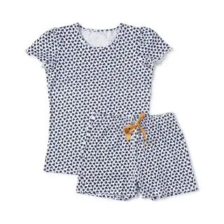 Little Label - Schlafanzug Damen S (36-38) - Shortama - Sommer Pyjama Damen Kurz - Weiß Blau Herzen-Print - Bio-Baumwolle