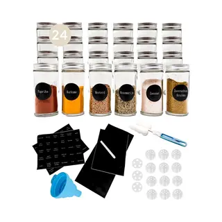 Comforder 24 Glazen Kruidenpotjes Met Strooideksel - Kruidenstrooier Rond - Complete Set Met Bedrukte Stickers, Trechter En Meer