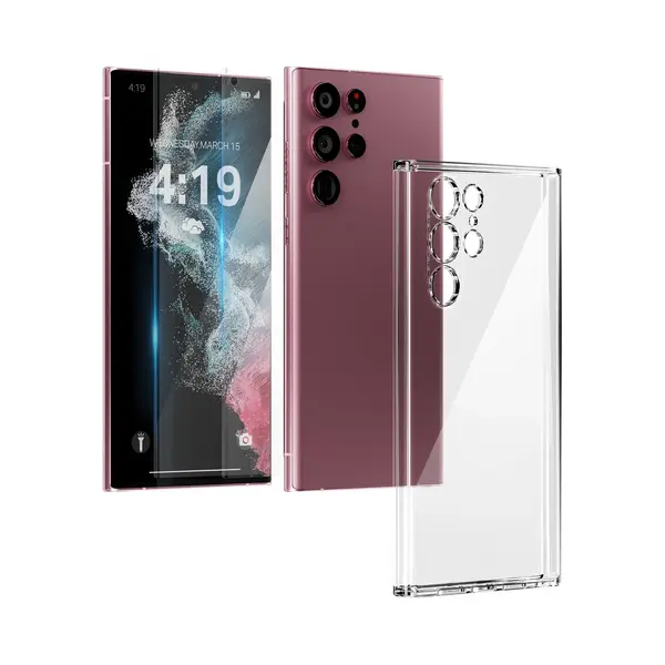 My Case Hoesje Geschikt Voor Samsung Galaxy S22 Ultra Hoesjes Transparant - 2x Screenprotector Full Cover thumbnail