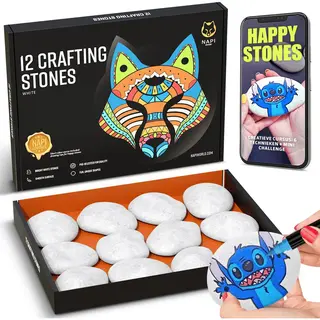 Napi Happy Stones Stenen + Cursus, Stenen Schilderen - 12 Witte Keien - Gladde Egale Keien - Pakket - Beach Pebbles - 4 Tot 8cm - Wit