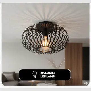Mogi Products –Plafondlamp –Inclusief Lichtbron–Ø 38cm–Plafonnière – Metaal – Industrieel Zwart-Plafondlampen