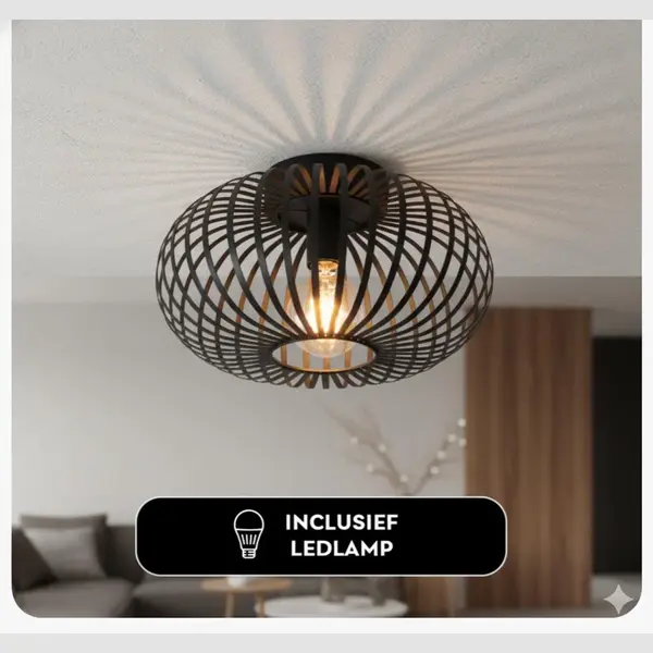 Mogi Products –Plafondlamp –Inclusief Lichtbron–Ø 38cm–Plafonnière – Metaal – Industrieel Zwart-Plafondlampen thumbnail