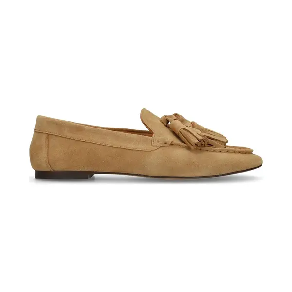 Manfield Beigefarbene Veloursleder-Loafer Mit Fransen thumbnail