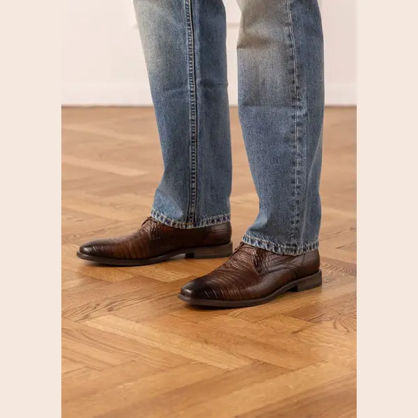 Manfield Braune Lederschnürschuhe Mit Krokomuster thumbnail