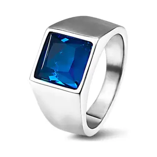 TrendFox Zegelring Heren Zilver Kleurig Met Blauwe Steen - Staal - Ring Ringen - Valentijnsdag - Valentijn Cadeautje Voor Hem
