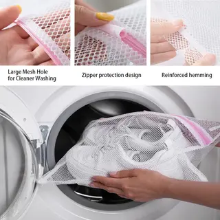 Waszak Wasmachine - 40 X 30 Cm - 2 Stuks - Wasnet Reizen - Laundry Bag - Waszak Met Rits - Wit Met Roze Rits