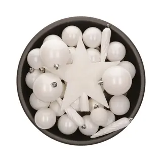 Bellatio Decorations Kerstballen Set - 33x St - Met Ster Piek - Wit - Kunststof - Onbreekbaar - Kerstversiering