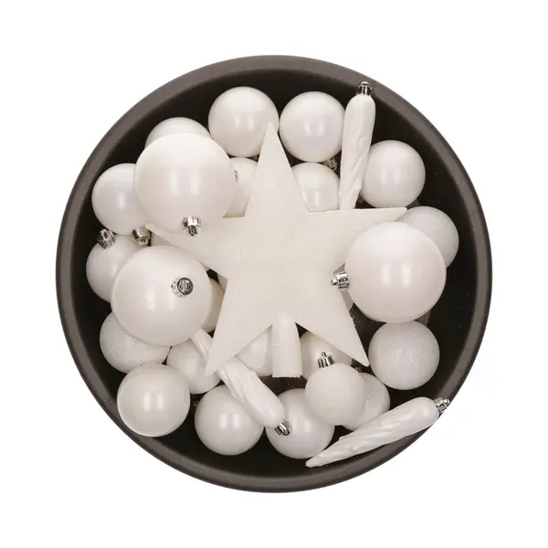 Bellatio Decorations Kerstballen Set - 33x St - Met Ster Piek - Wit - Kunststof - Onbreekbaar - Kerstversiering thumbnail