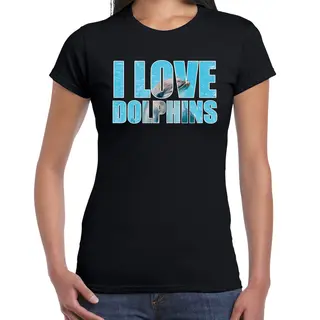 Bellatio Decorations Tekst Shirt I Love Dolphins Met Dieren Foto Van Een Dolfijn Zwart Voor Dames - Cadeau T-shirt Dolfijnen Liefhebber M