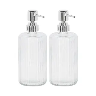 2x Stuks Zeeppompje/zeepdispenser Geribbeld Glas 400 Ml - Badkamer/keuken Zeep Dispenser Met Verchroomd Pompje