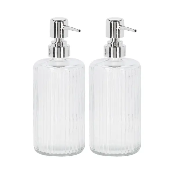 2x Stuks Zeeppompje/zeepdispenser Geribbeld Glas 400 Ml - Badkamer/keuken Zeep Dispenser Met Verchroomd Pompje thumbnail