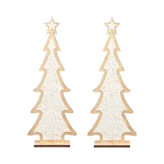 2x Stuks Kerstdecoratie Houten Kerstboom Glitter Wit 35, 5 Cm - Vensterbank Kerstdecoratie Houten Kerstbomen