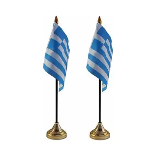 Griekenland Tafelvlaggetjes - 2x Stuks - 10 X 15 Cm - Met Gouden Standaard - H27 Cm - Landen Versiering - Feestartikelen