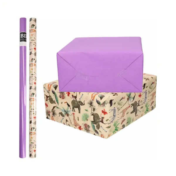 Shoppartners 8x Rollen Kraft Inpakpapier Jungle/oerwoud Pakket - Dieren/paars 200 X 70 Cm - Cadeau/verzendpapier thumbnail