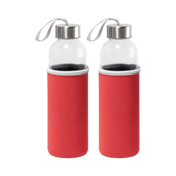 2x Stuks Glazen Waterfles/drinkfles Met Rode Softshell Bescherm Hoes 520 Ml - Sportfles - Bidon thumbnail