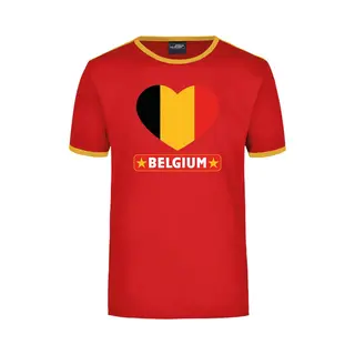 Bellatio Decorations Belgium Rood/geel Ringer T-shirt Belgie Vlag In Hart - Heren - Belgie Landen Shirt - Belgische Supporter Kleding M
