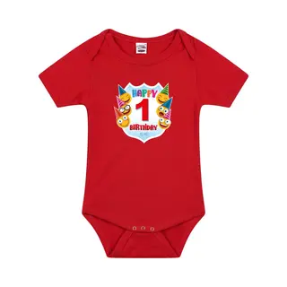 Bellatio Decorations Happy Birthday 1e Verjaardag Romper - Unisex - Jongens - Meisjes - 1 Jaar Met Emoticons Rood Voor Babys 68