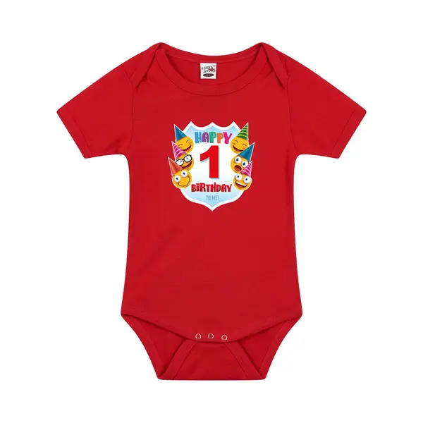 Bellatio Decorations Happy Birthday 1e Verjaardag Romper - Unisex - Jongens - Meisjes - 1 Jaar Met Emoticons Rood Voor Babys 68 thumbnail