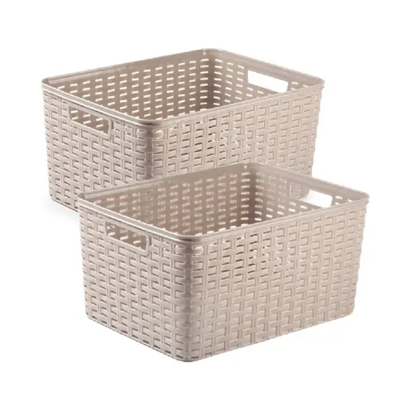 Plasticforte 2x Stuks Rotan Gevlochten Opbergmand/opbergbox Kunststof - Taupe - 38 X 28 X 19 Cm - Kast Mandjes thumbnail