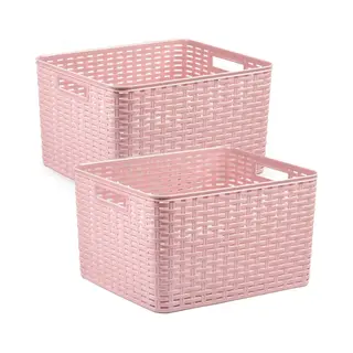 Plasticforte 3x Stuks Rotan Gevlochten Opbergmand/opbergbox Kunststof - Oud Roze - 34 X 40 X 23 Cm - Kast Mandjes