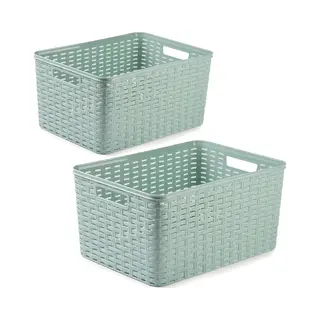 Forte Plastics Opbergboxen / Opbergmandjes Set - 5x Stuks - Rotan Kunststof - Groen - Met Inhoud 10 En 18 Liter