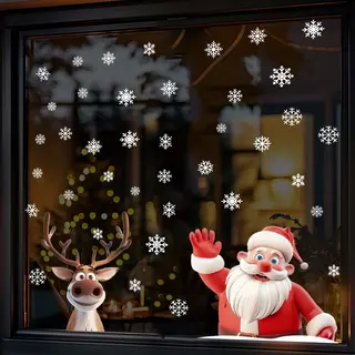 Plakkers Raamstickers Kerst Herbruikbaar - Gluur Kerstman & Rendier Met Sneeuwvlokken - Groot Formaat - Raamdecoratie Kerst