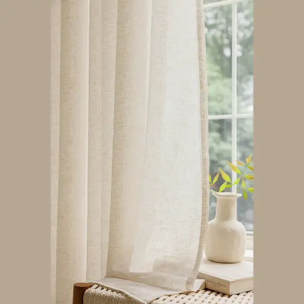 Maroyathome Bibiana - Vitrage - Kant En Klaar - Plooiband - Loodveter - Schelphaken - Embrasse - Beige - 150 X 250 Cm - 150 Cm Breed - 250 Cm Lengte - thumbnail