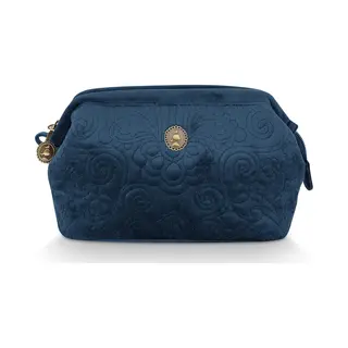 Pip Studio Make Up Tas - Velvet Quiltey Days Toilettas - Makeup Tasje Met Bloemenprint - Blauw - 19x12x8.5cm