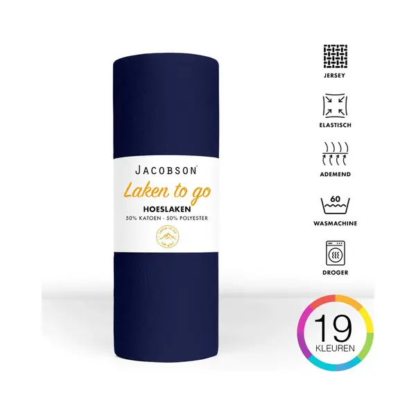 Jacobson - Hoeslaken - 130x200cm - Jersey Katoen - Tot 23cm Matrasdikte - Donkerblauw thumbnail