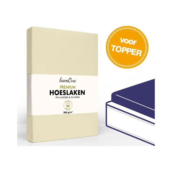 Loom One Premium Topper Hoeslaken – 97% Jersey Katoen / 3% Lycra – 200x200 Cm – Tot 10cm Matrasdikte– 200 G/m² – Natural / Crème thumbnail