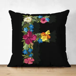 De Groen Home Velvet Kussenhoesjes - Kussenhoes - Letter F Van Bloemen Op Zwart - 45x45 Cm - Kussenloop - Fluweel - Valentijn Cadeau