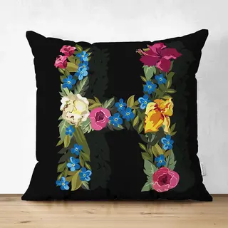 De Groen Home Velvet Kussenhoesjes - Kussenhoes - Letter H Van Bloemen Op Zwart - 45x45 Cm - Kussenloop - Fluweel - Valentijn Cadeau
