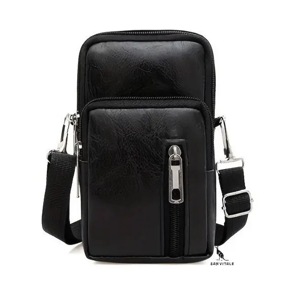 San Vitale® - Casual Telefoon Tas - Vegan Leer -Schoudertasje - Telefoontasje - Heuptas - Wandel/Sport/Mobiele Telefoon/Smartphone - Vegan Zwart thumbnail