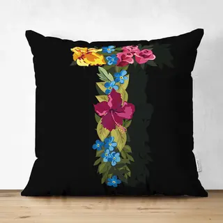 De Groen Home Velvet Kussenhoesjes - Kussenhoes - Letter T Van Bloemen Op Zwart - 45x45 Cm - Kussenloop - Fluweel - Valentijn Cadeau