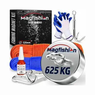 Magfishion Magnetfischen Set - 625 Kg - Ø120mm - Neodym Magnet Mit 2 Seilen, Greifhaken, Handschuhe - Magnet Fischen Angel - Ösenmagnet - Fishing
