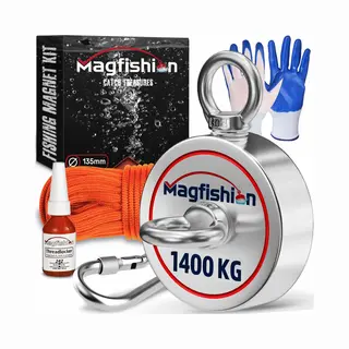 Magfishion Magnet Fishing Kit - 1400 Kg (2 X 700kg) - Ø135mm - Super Strong Neodymium Magnet With Rope (20M), Carabiner, Gloves, Threadlocker -
