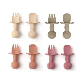 Miniiyou 4 Setjes - Siliconen Baby Bestek - Vork En Lepel - Kinderbestekset - Roze Beige