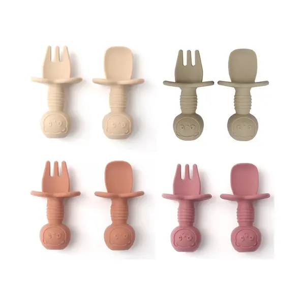 Miniiyou 4 Setjes - Siliconen Baby Bestek - Vork En Lepel - Kinderbestekset - Roze Beige thumbnail