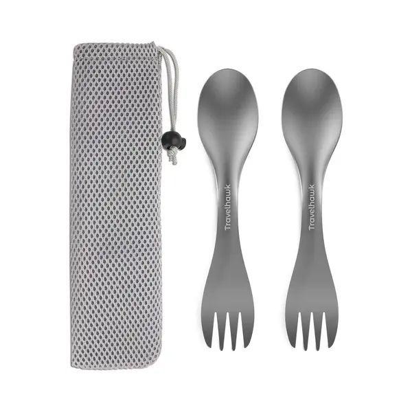Travelhawk Spork - Campingbestek Van Titanium - Vork, Mes En Lepel Inéén - Bestek Voor Onderweg En Op Reis - Lichtgewicht - 2 Stuks - Inclusief thumbnail