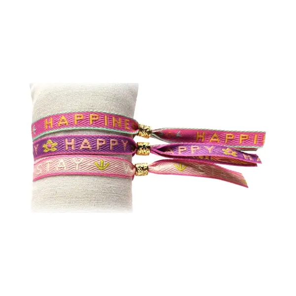 Principessa Set Van 3 Trendy Festival Lint Armbandjes Met Tekstlint - Tekst, Happiness, Happy, Stay Wild - Kleur, Roze, Paars, Lichtroze thumbnail