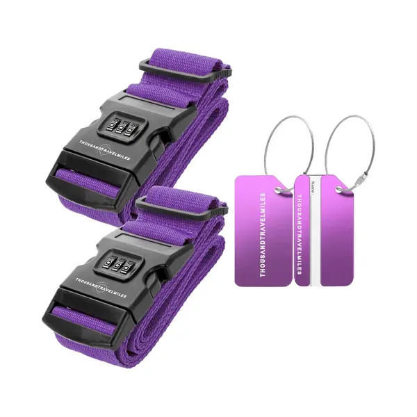 Kofferset 4 Delig – Kofferriem Met Cijferslot – Aluminium Bagagelabels – Bagageriem – Kofferlabels – Paars – Thousandtravelmiles thumbnail