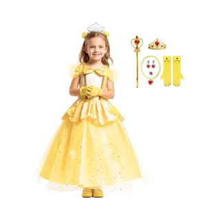 Joyakids Joya Kids® Gele Verkleedjurk | Prinsessen Jurk | Prinses & Het Beest Verkleedkleding | Maat 104-110 (110) + Kroon, Staf, Handschoenen, Ketting, Ring
