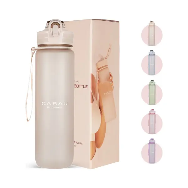 Cabau Bloom Waterfles / Drinkfles - 1 Liter - Beige - Handige Drinktuit & Unieke Maataanduiding - Bpa- & Lekvrij - Drinkfles Met Rietje Volwassenen - thumbnail