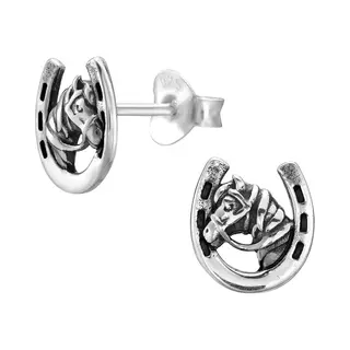 Jyc Joy|S - Zilveren Paard Met Hoefijzer Oorbellen - 7.5 X 8 Mm - Geoxideerd
