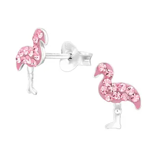 Jyc Joy|S - Zilveren Vogel Oorbellen - Roze Flamingo - Kristal - 7.5 X 10 Mm - Kinderoorbellen