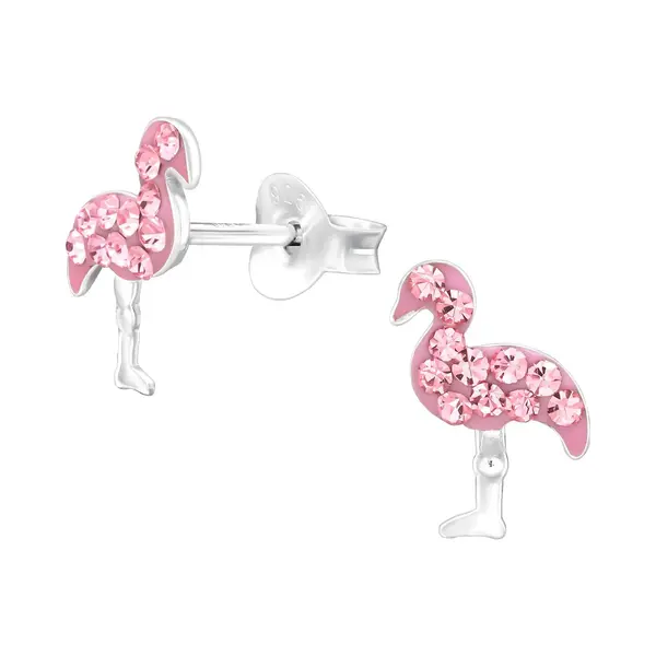 Jyc Joy|S - Zilveren Vogel Oorbellen - Roze Flamingo - Kristal - 7.5 X 10 Mm - Kinderoorbellen thumbnail