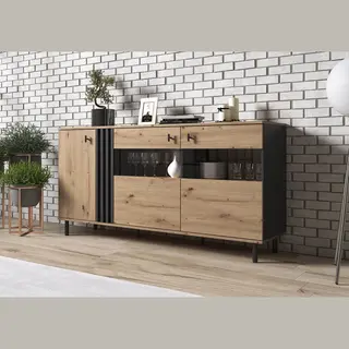 Meubella - Dressoir Marcos - Eiken - Antraciet - 165 Cm - Met Glas