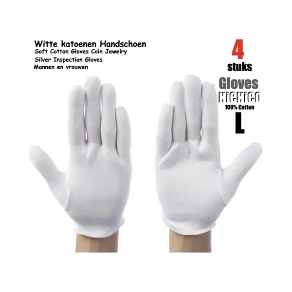 HiCHiCO Katoenen Handschoenen Wit L 4stuks – 2paar Beschermende Handschoenen - Medium - Gezondheidszorg - Ziekenhuis - Beauty Center, Kapper En Salon Spa thumbnail