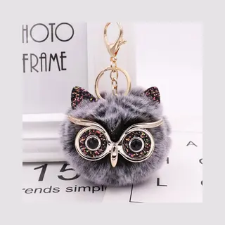 DW4Trading Sleutelhanger Pompom Uil - 8x7 Cm - Grijs